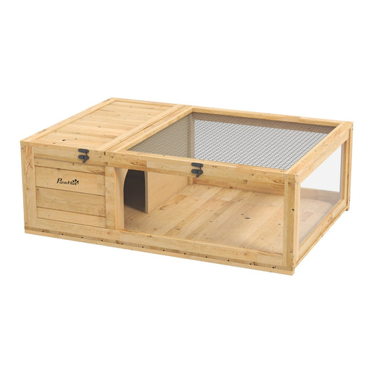 PawHut Tortoise House wooden enclosure with two sections and a mesh roof