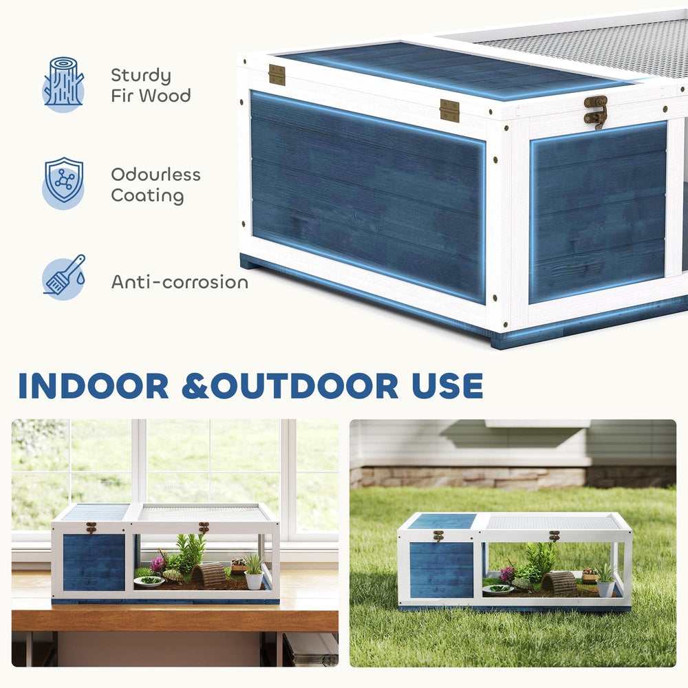 Wooden reptile house with blue panels and mesh roof, suitable for indoor and outdoor use