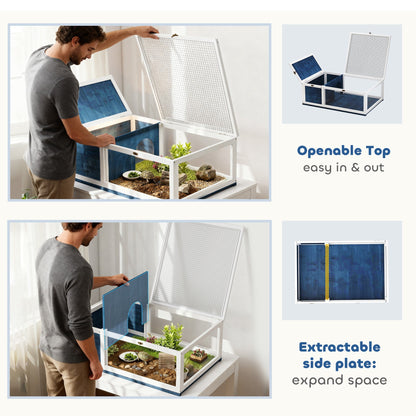 Man opening the lid of the wooden reptile house, showing easy access for pets