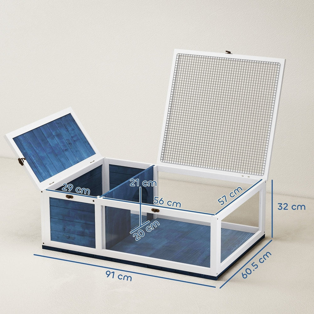 Wooden reptile enclosure with blue panels and mesh roof, showing dimensions for size