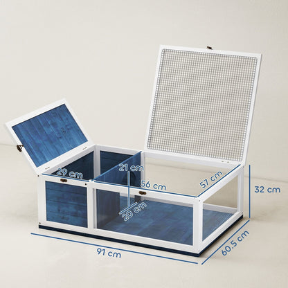 Wooden reptile enclosure with blue panels and mesh roof, showing dimensions for size