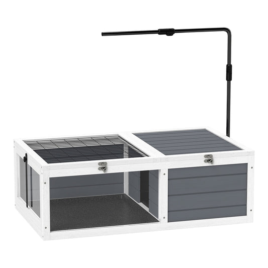 PawHut Tortoise Table with Adjustable Lamp Holder, a grey wooden tortoise house with two openable lids and a wire mesh top