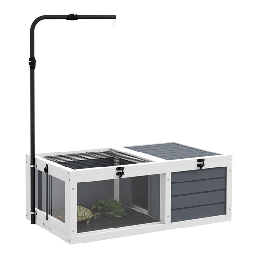 PawHut Tortoise Table with Adjustable Lamp Holder, a grey wooden tortoise house with openable lids and a lamp holder
