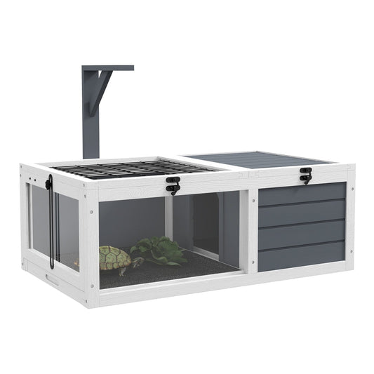 PawHut Tortoise Table with Wooden Lamp Holder, a grey and white reptile house with two openable lids and pull-out trays