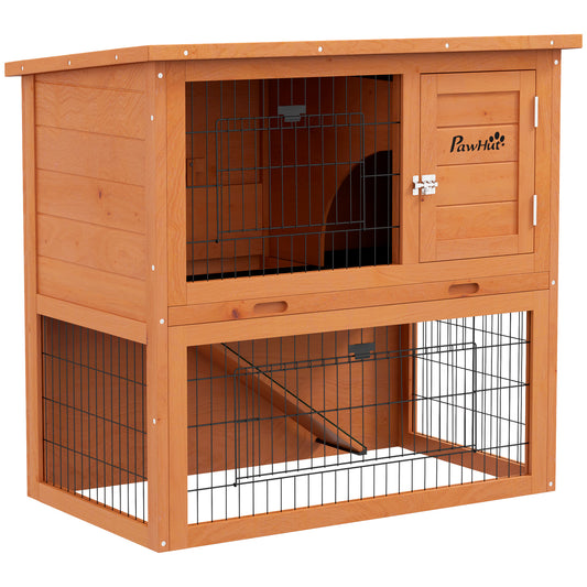 PawHut Two-Tier Antiseptic Wood Rabbit Hutch in Orange