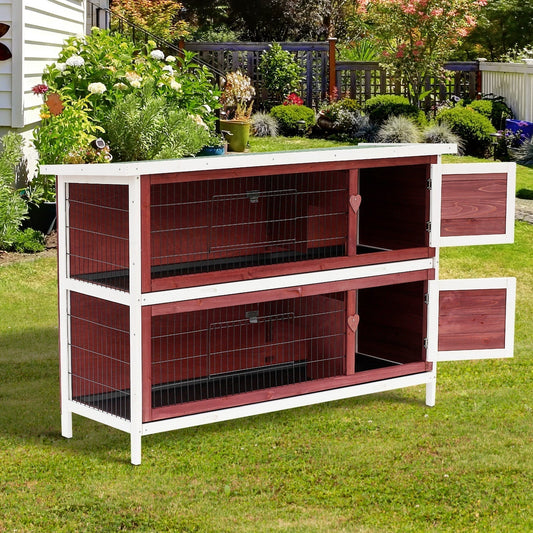 Pawhut Two-Tier Double Decker Wooden Guinea Pigs Hutches Pet Cage-Brown/White, a wooden hutch with two levels and two doors