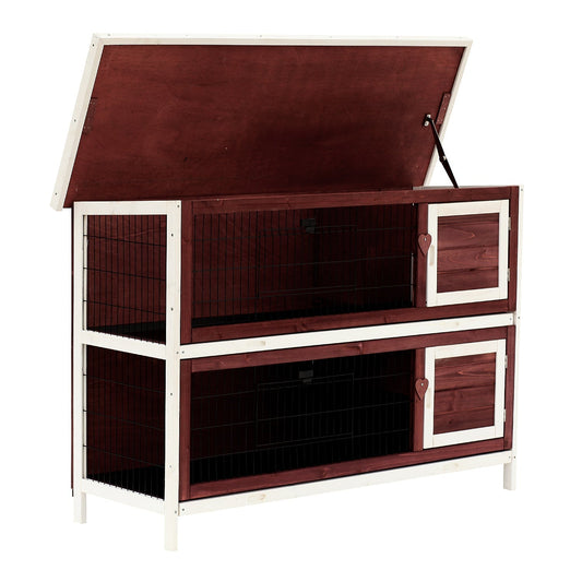 The two-tier guinea pigs hutch with its roof open, showing the interior of the top level