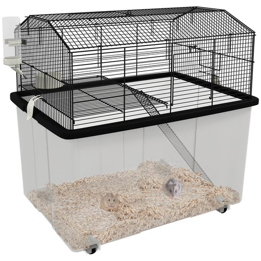 PawHut Two-Tier Gerbil Cage with two hamsters inside the clear plastic base and wire top