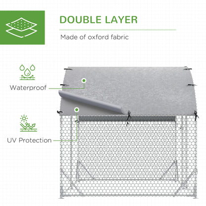The outdoor hen house showing the waterproof and UV-resistant double layer fabric roof cover