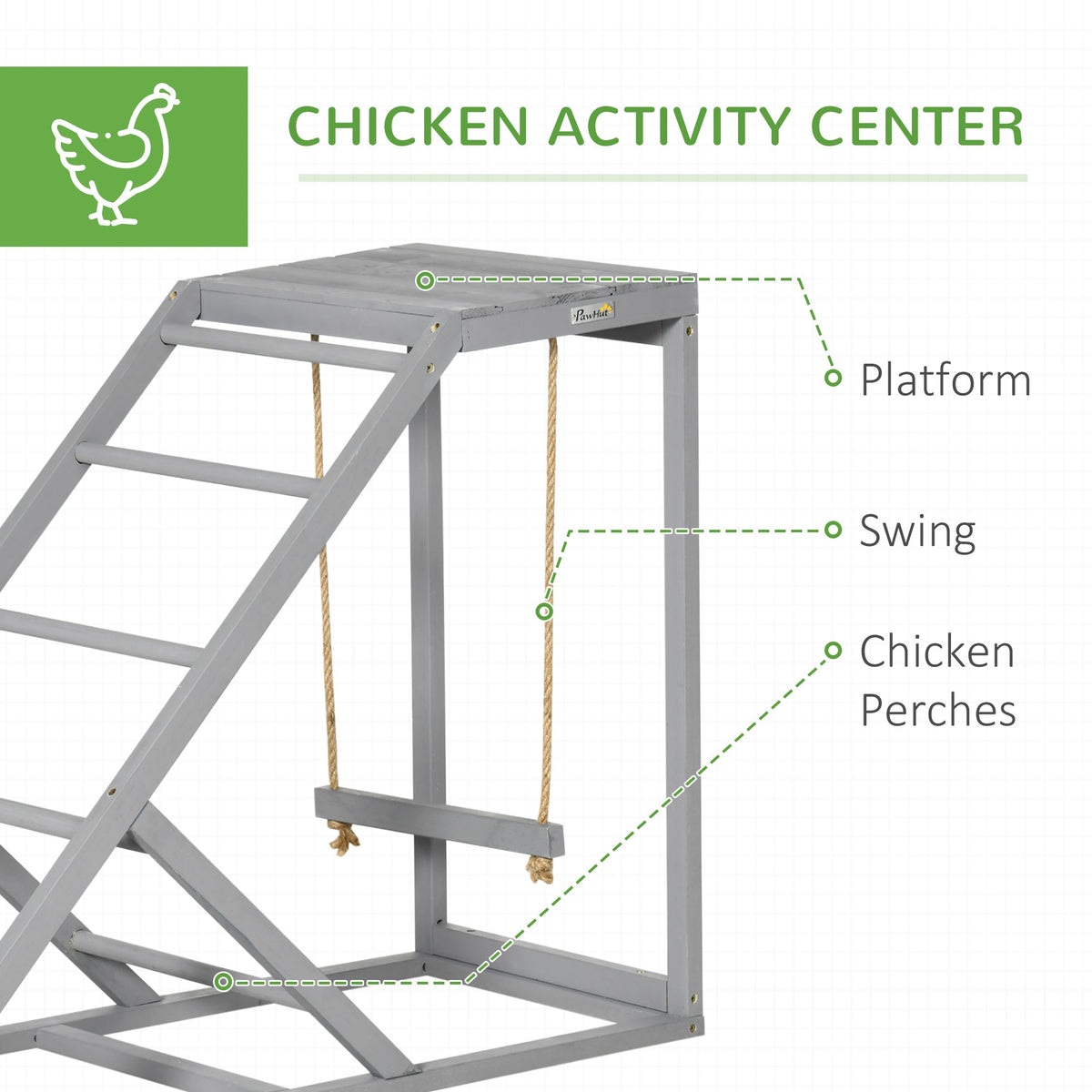 The activity shelf showing the wooden platform, hanging swing and perches for chickens