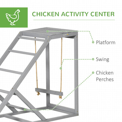 The activity shelf showing the wooden platform, hanging swing and perches for chickens