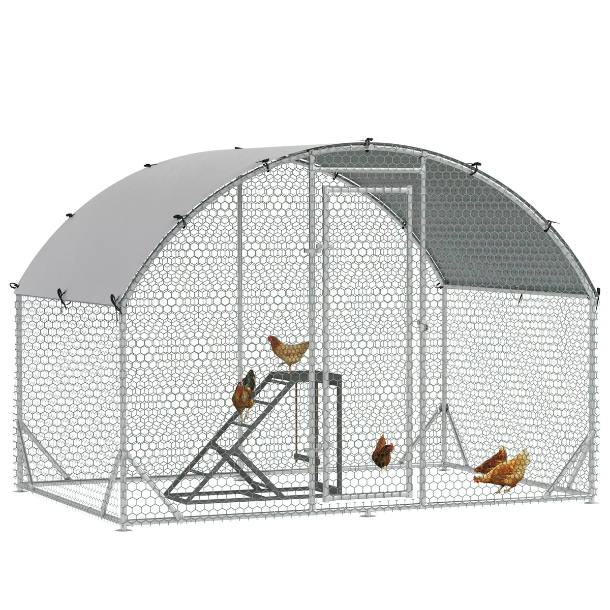 PawHut Walk-In Chicken Run featuring a metal frame, wire mesh walls, a grey roof and activity shelf