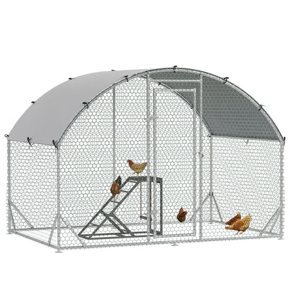 PawHut Walk-In Chicken Run featuring a metal frame, wire mesh walls, a grey roof and activity shelf