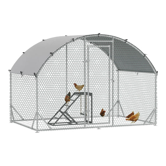 PawHut Walk-In Chicken Run featuring a metal frame, wire mesh walls, a grey roof and activity shelf
