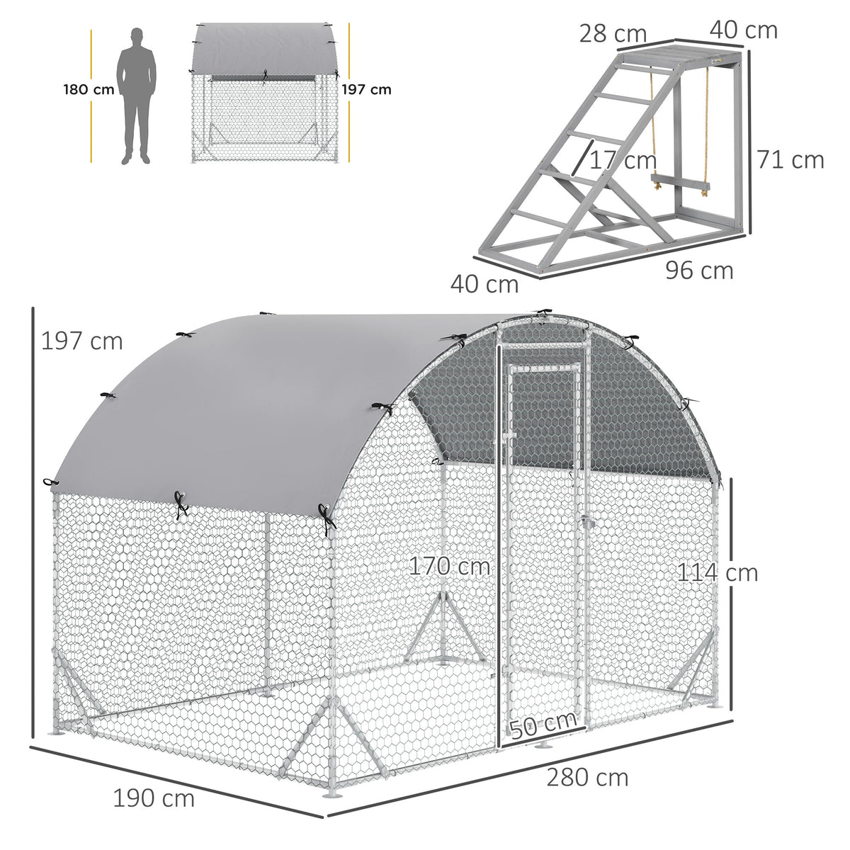 The chicken coop and activity shelf shown with various dimensions and a human scale reference
