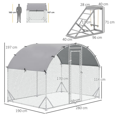 The chicken coop and activity shelf shown with various dimensions and a human scale reference