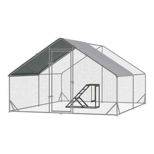 PawHut Walk In Chicken Run with a grey roof and an internal activity shelf for pet birds