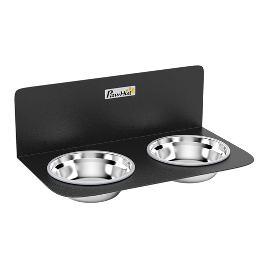 PawHut Wall Mount Dog Bowls, a black metal plate with two stainless steel bowls attached to a white wall