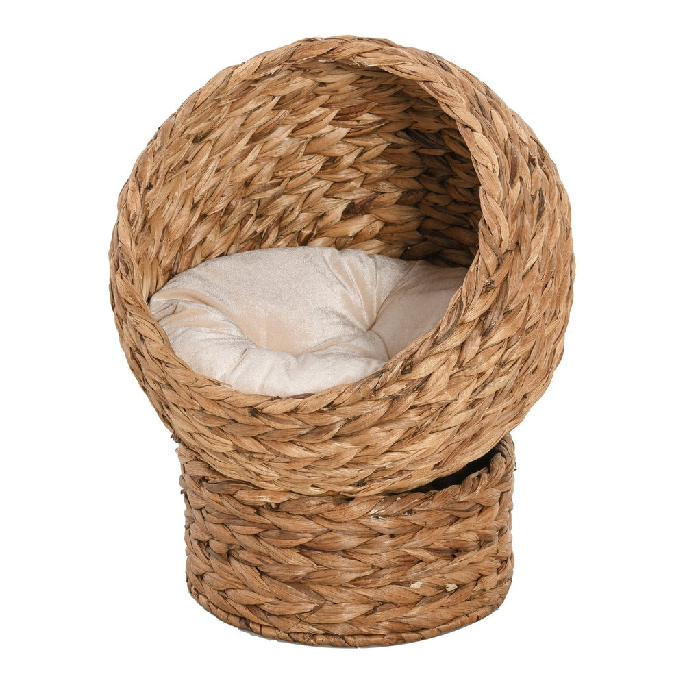 PawHut Woven Banana Leaf Elevated Cat Bed, a round woven basket with a soft cushion inside, on a stand