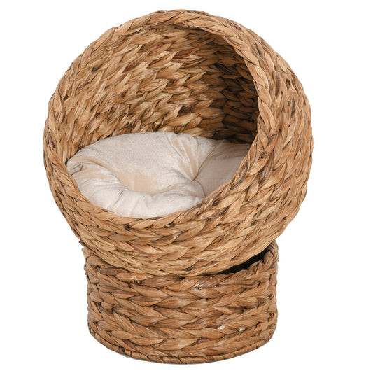 PawHut Woven Banana Leaf Elevated Cat Bed, a round woven basket with a soft cushion inside, on a stand