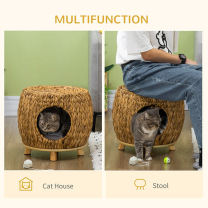The cat house demonstrating its dual use as a pet shelter and a stool for a person to sit on