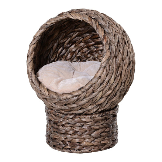 PawHut Wicker Cat Bed, a round woven basket with a cushion inside, raised on a cylindrical base