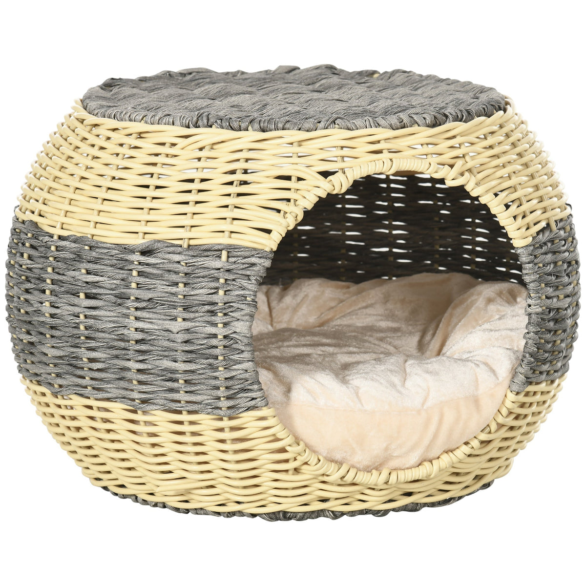 PawHut Wicker Cat House with a round woven structure and a soft cream cushion inside