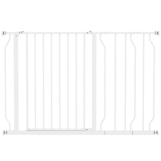 PawHut Wide Dog Safety Gate, a white metal pressure-fit barrier with a central door