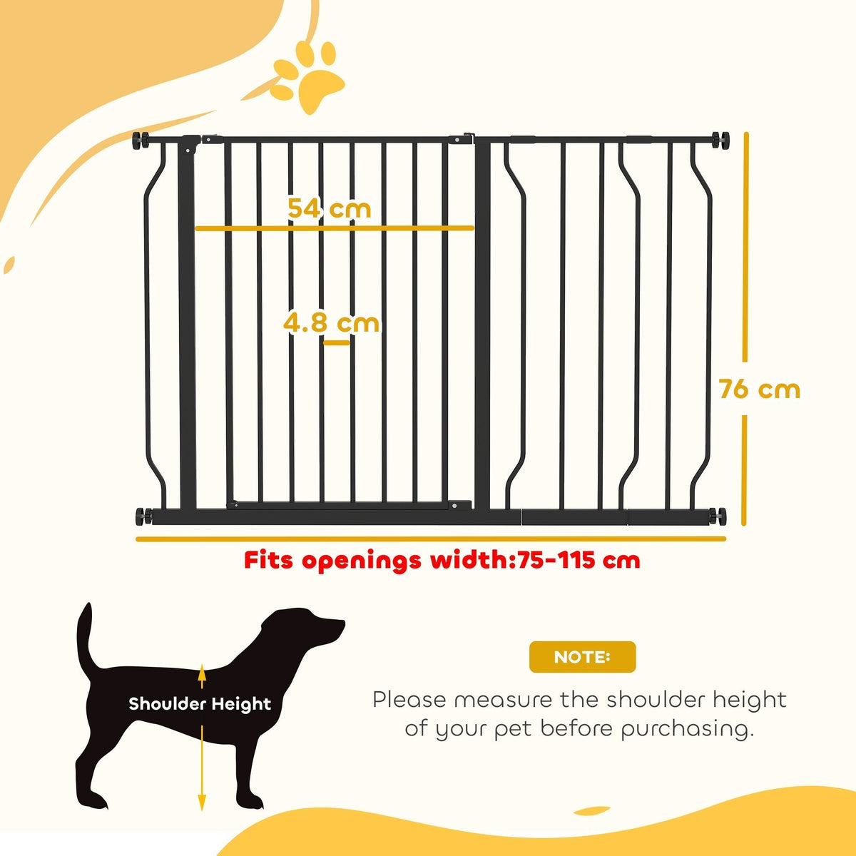 The safety barrier showing height and width dimensions with a dog silhouette