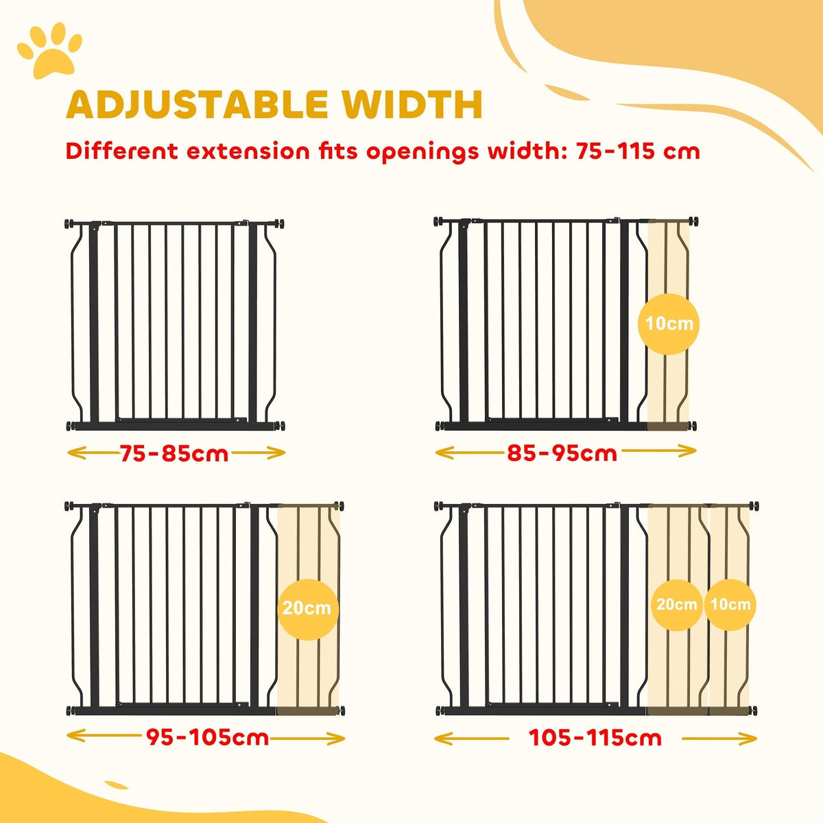 The pet gate showing four different width configurations with extension panels