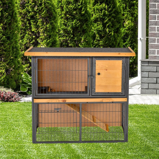 PawHut Wood-metal Guinea Pigs Hutches elevated pet house outdoor with two levels and a ramp
