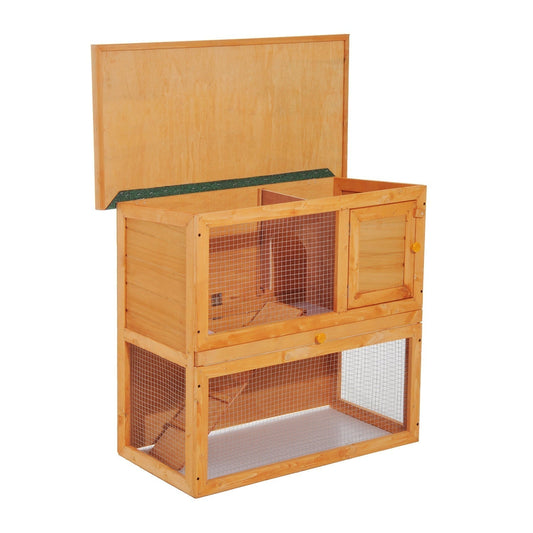 Pawhut Wooden 90cm 2 Tiers Guinea Pigs Hutches with the top roof panel open for easy access