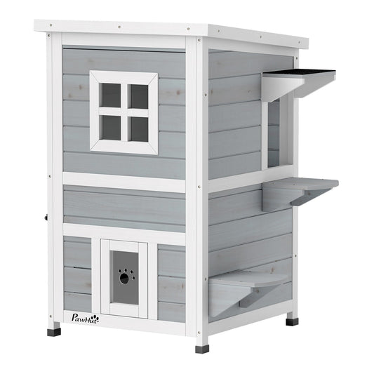 PawHut Wooden Cat House 2-Floor Outdoor Kitten Shelter in Grey