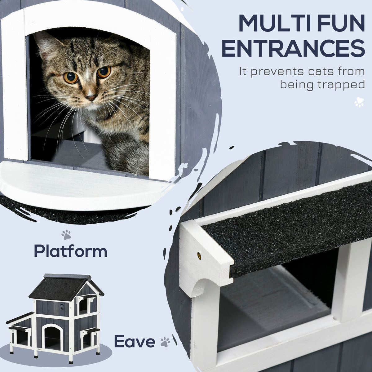 Close-up of the grey wooden cat house showing multiple entrances and a platform area for cats