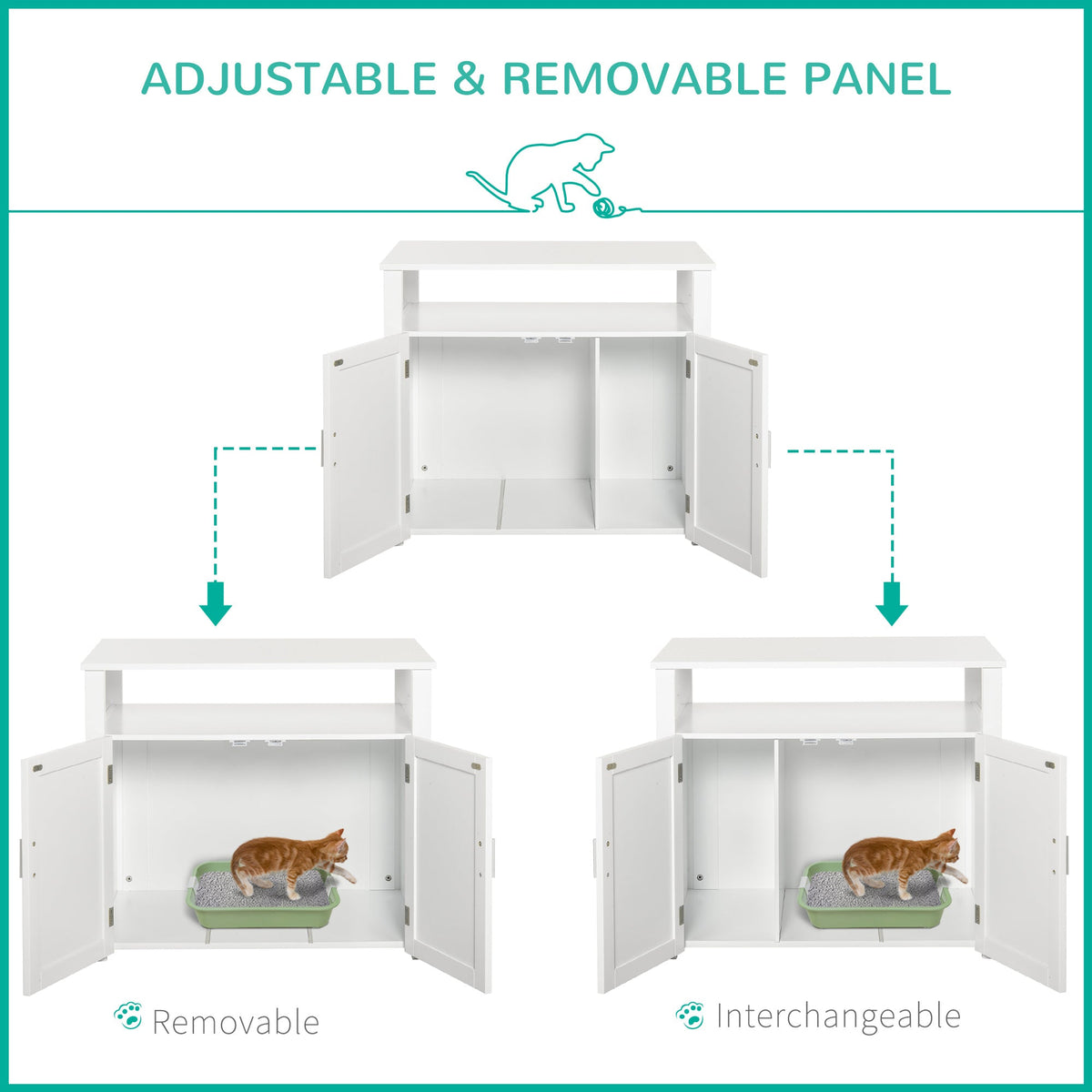 The cat litter box showing how the internal divider can be removed or swapped to different sides