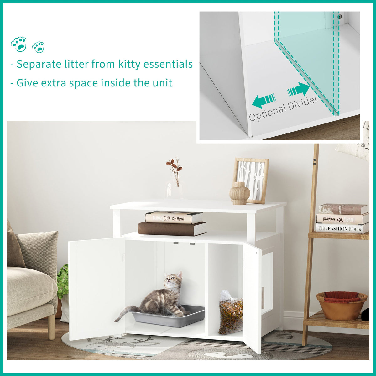 The cat litter box with an inset showing the adjustable interior wall panel for extra space