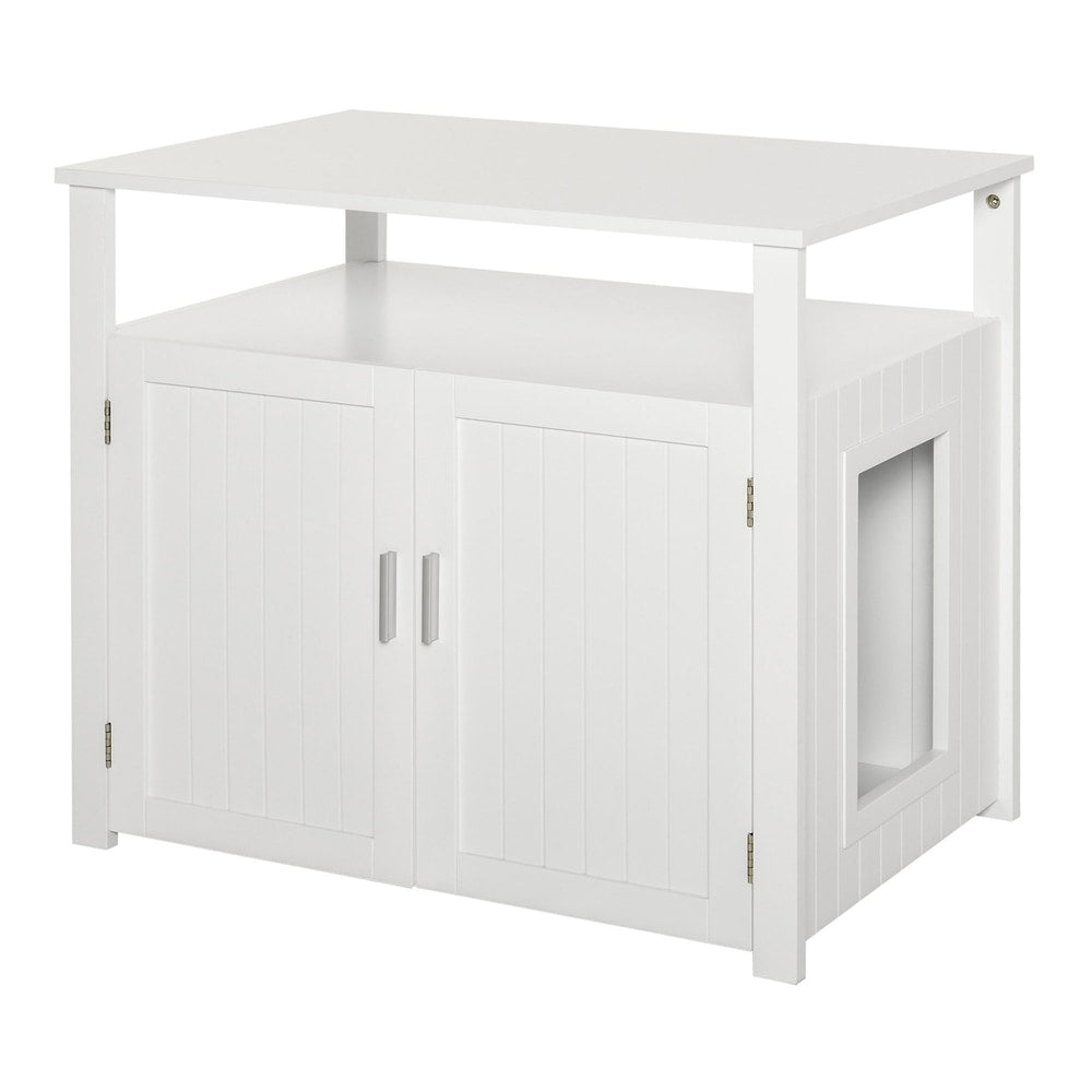 PawHut Wooden Cat Litter Box Enclosure Furniture in white with double doors and side entry hole