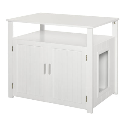 PawHut Wooden Cat Litter Box Enclosure Furniture in white with double doors and side entry hole