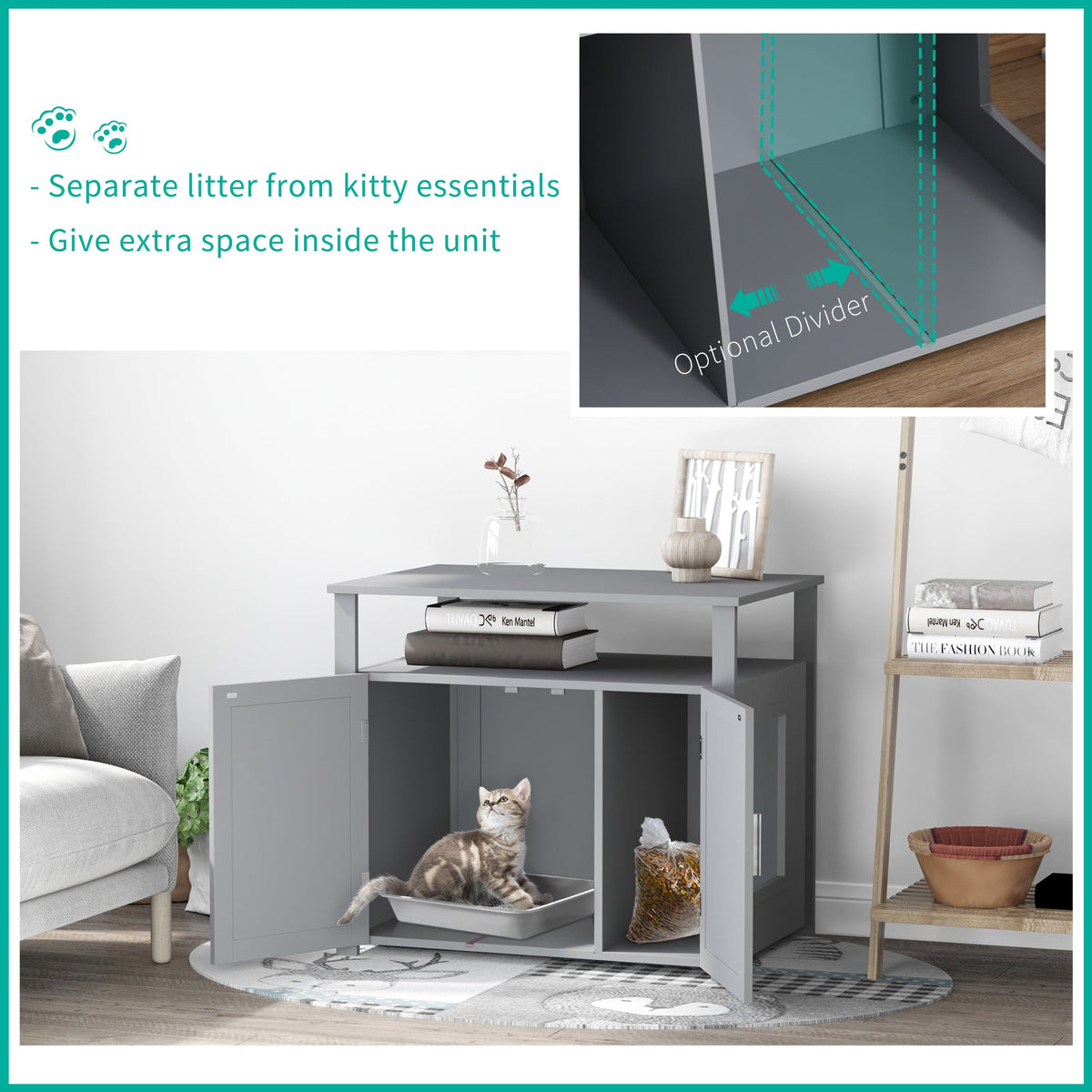 Inside the grey wooden cat litter box enclosure showing the optional divider
