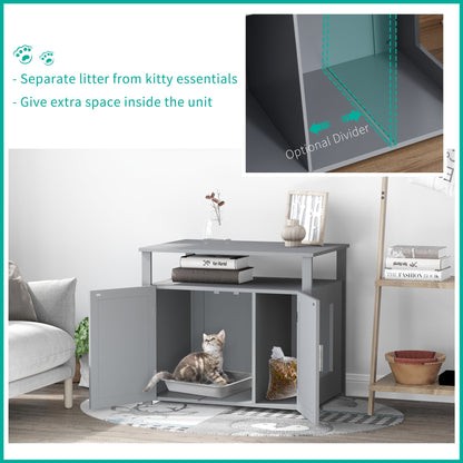 Inside the grey wooden cat litter box enclosure showing the optional divider