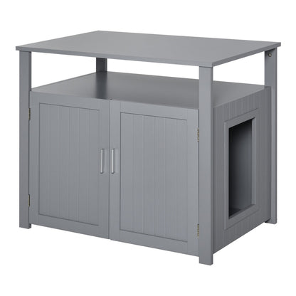 PawHut Wooden Cat Litter Box Enclosure Furniture with double doors and a side opening