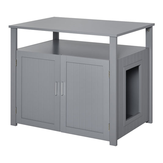 PawHut Wooden Cat Litter Box Enclosure Furniture with double doors and a side opening