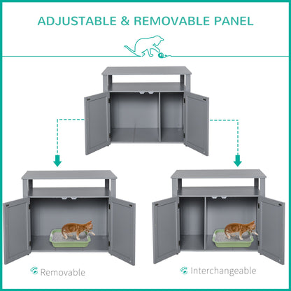 Adjustable and removable panel options for the grey wooden cat litter box enclosure