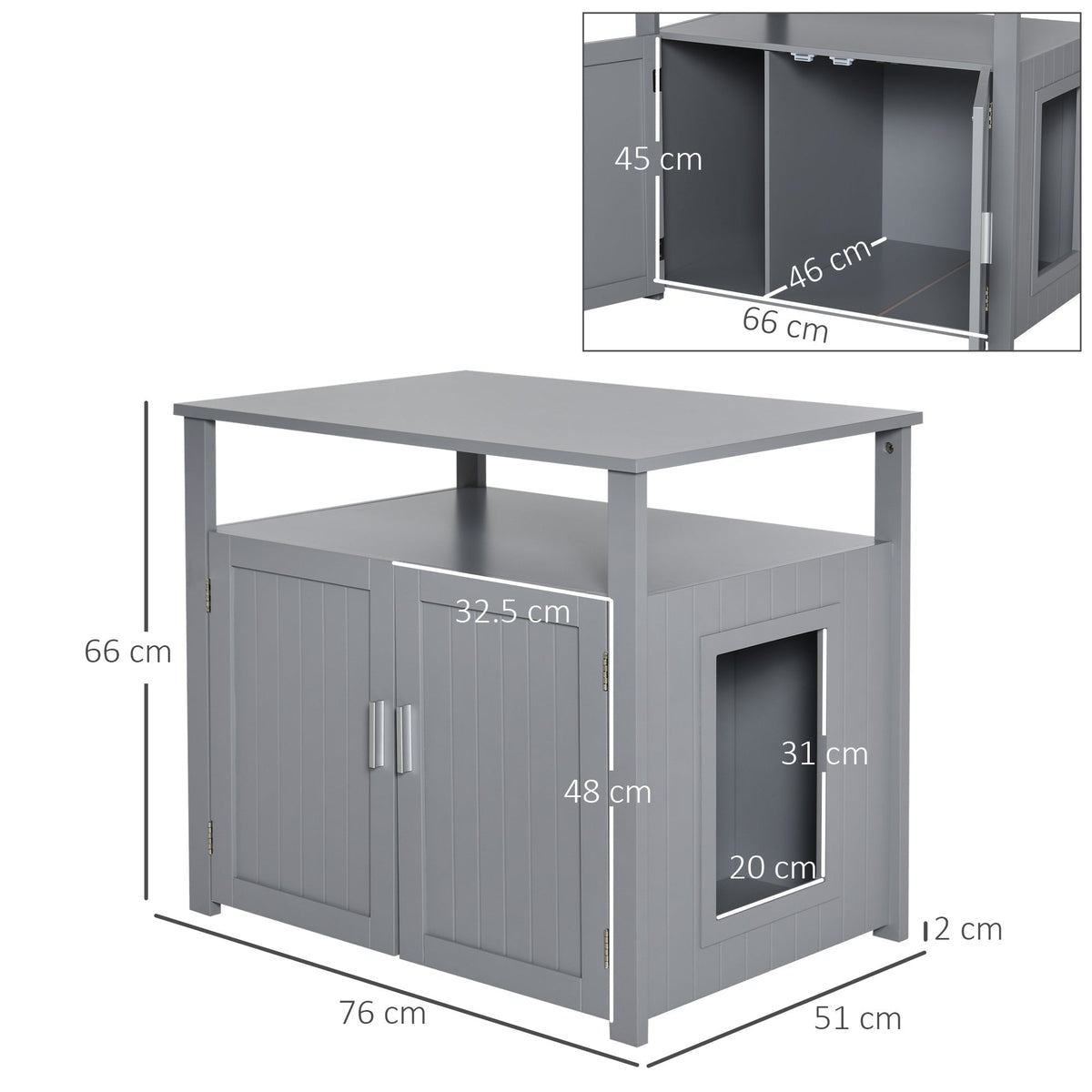 Dimensions of the grey wooden cat litter box enclosure with a cat inside