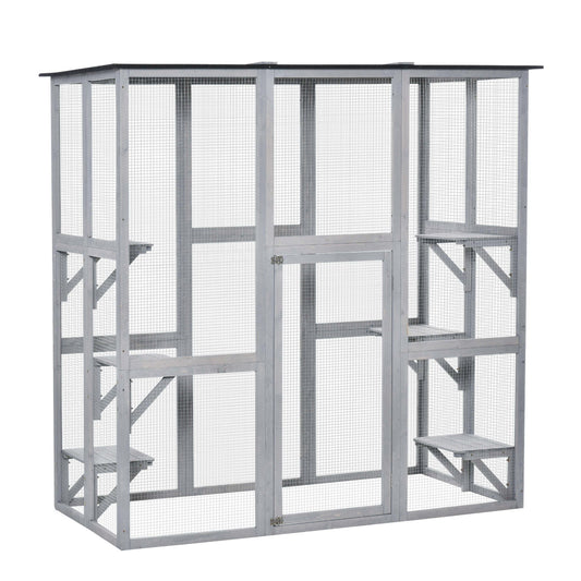 PawHut Wooden Catio Cat Outdoor Enclosure, a large grey wooden cat house with multiple platforms and a waterproof roof