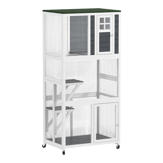 PawHut Wooden Catio Cat Outdoor Enclosure, a tall white cat house with a green roof and multiple levels