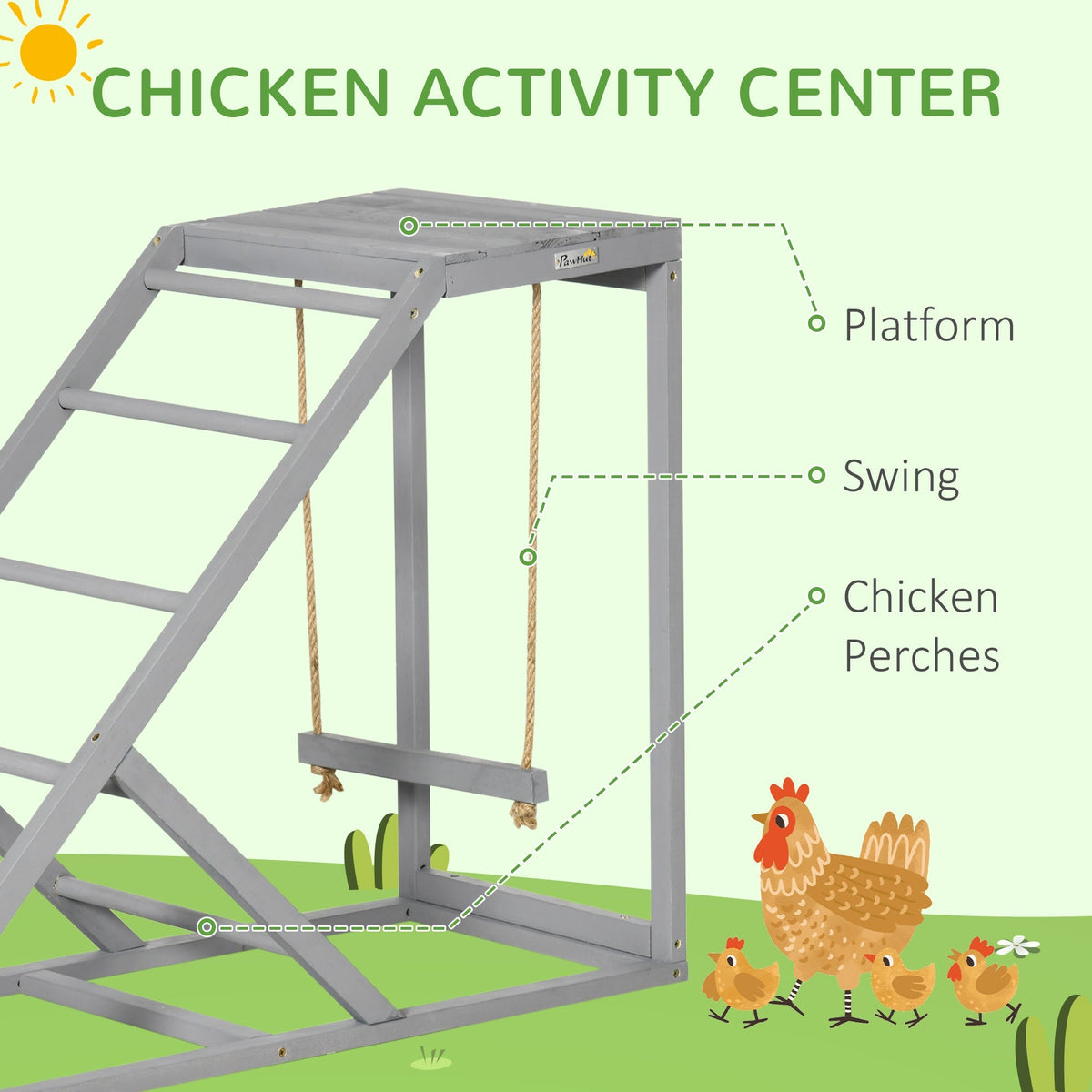 The wooden chicken toy with labels pointing to the platform, swing and perches