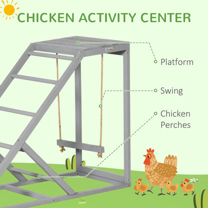 The wooden chicken toy with labels pointing to the platform, swing and perches