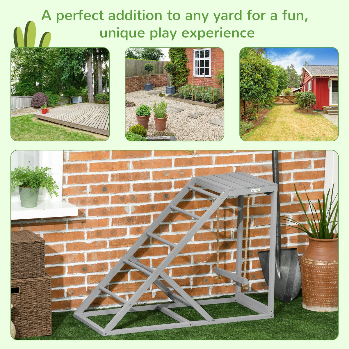 The wooden chicken toy shown in a garden setting with various examples of outdoor spaces