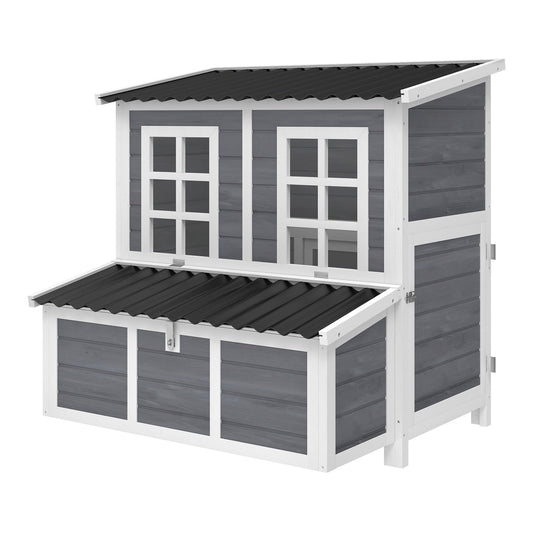 PawHut Wooden Chicken Coop with Nesting Box, a grey and white two-tier structure with a slanted roof